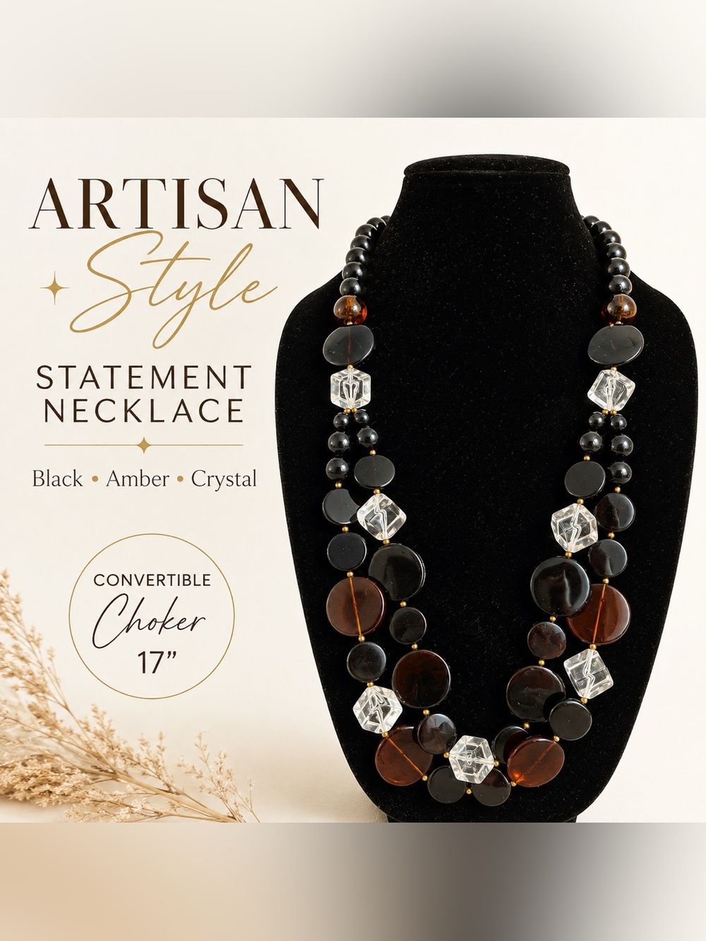 Vintage Black, Amber & Clear Multi-Strand Statement Necklace